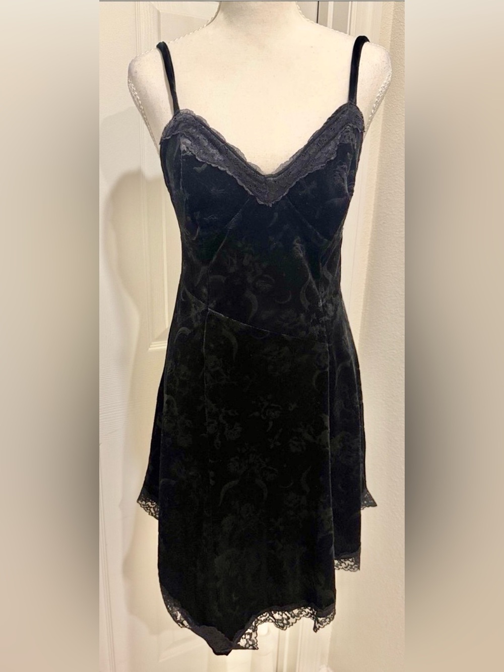 Aura Black Velvet Lace-Trim Slip Dress